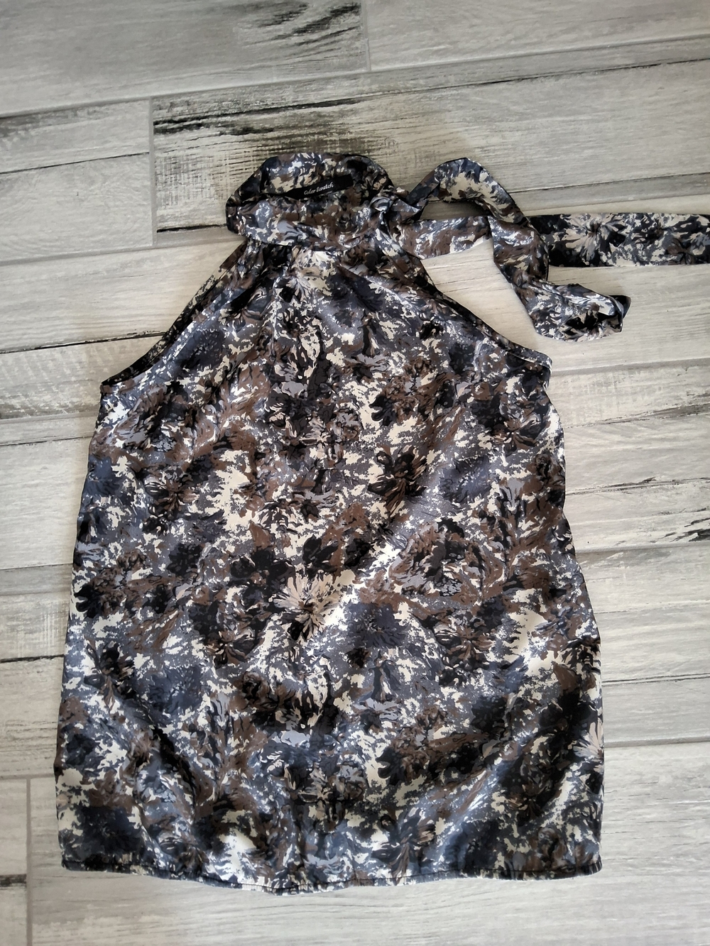 Color Swatch Printed Halter Tie Shell in Brown, Black & Cream